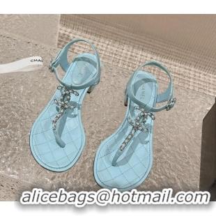 Purchase Chanel Lambskin Heel Thong Sandals 5cm with Chain CC Light Blue 525042