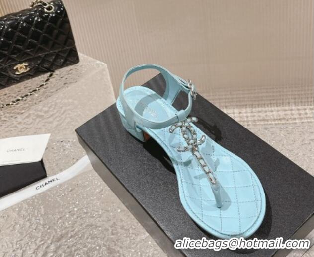 Purchase Chanel Lambskin Heel Thong Sandals 5cm with Chain CC Light Blue 525042