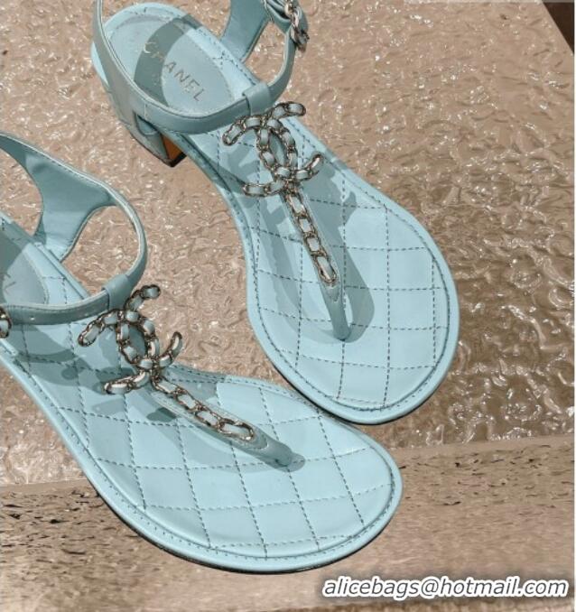 Purchase Chanel Lambskin Heel Thong Sandals 5cm with Chain CC Light Blue 525042