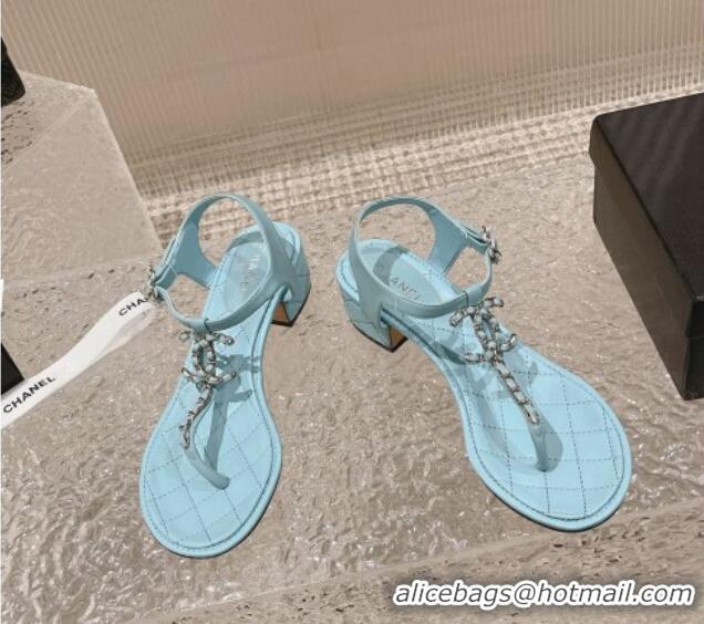 Purchase Chanel Lambskin Heel Thong Sandals 5cm with Chain CC Light Blue 525042