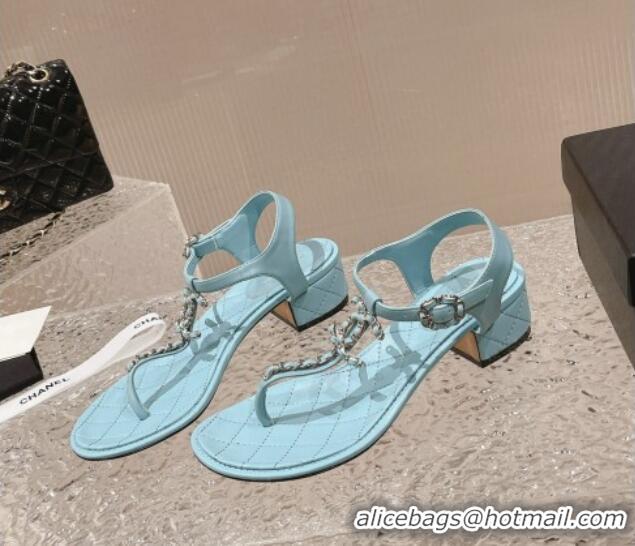 Purchase Chanel Lambskin Heel Thong Sandals 5cm with Chain CC Light Blue 525042