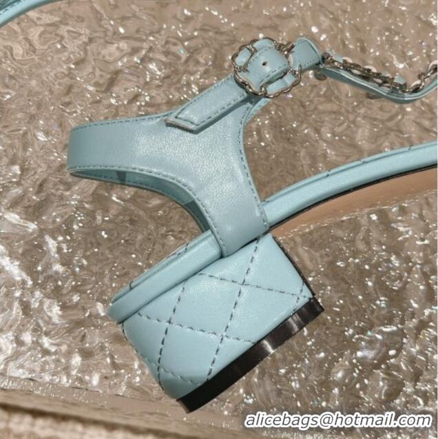 Purchase Chanel Lambskin Heel Thong Sandals 5cm with Chain CC Light Blue 525042