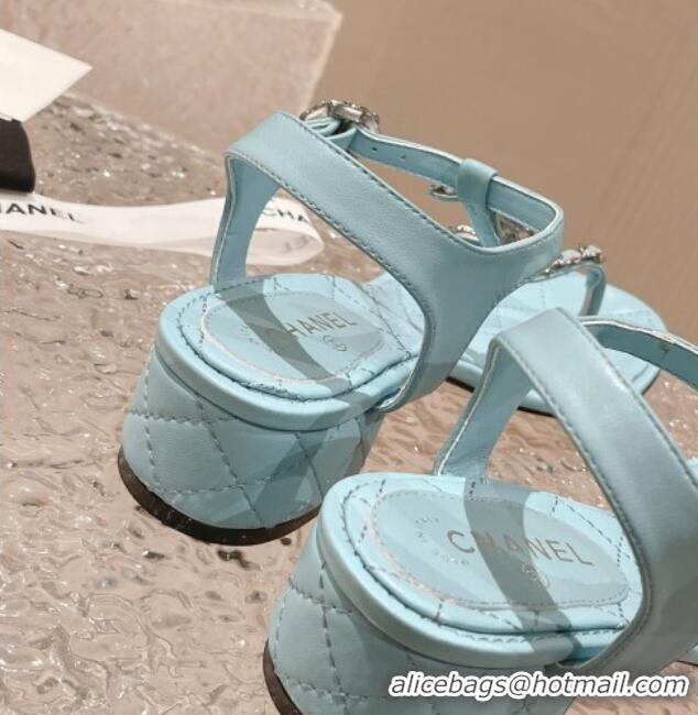 Purchase Chanel Lambskin Heel Thong Sandals 5cm with Chain CC Light Blue 525042