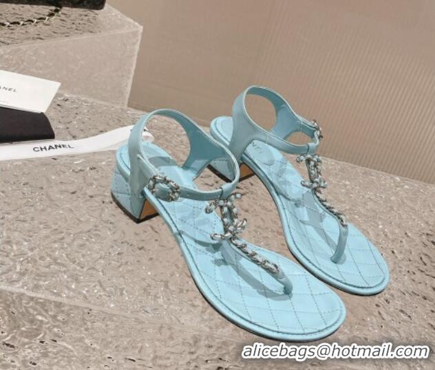 Purchase Chanel Lambskin Heel Thong Sandals 5cm with Chain CC Light Blue 525042