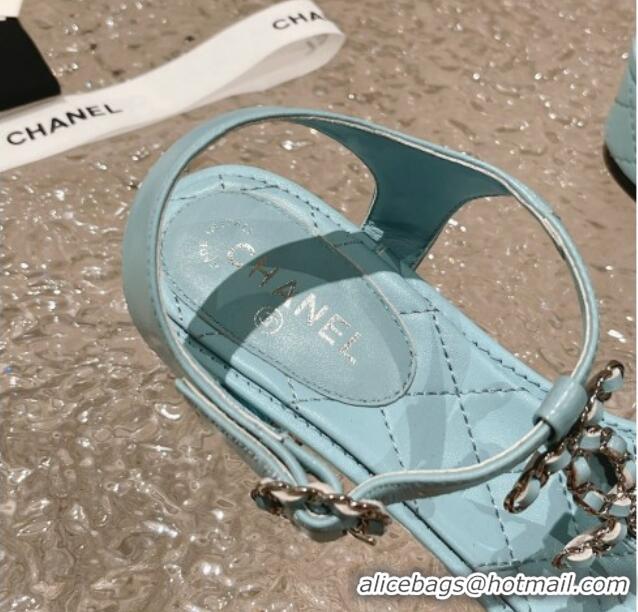 Purchase Chanel Lambskin Heel Thong Sandals 5cm with Chain CC Light Blue 525042