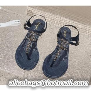 Best Grade Chanel Lambskin Heel Thong Sandals 5cm with Chain CC Dark Blue 525043