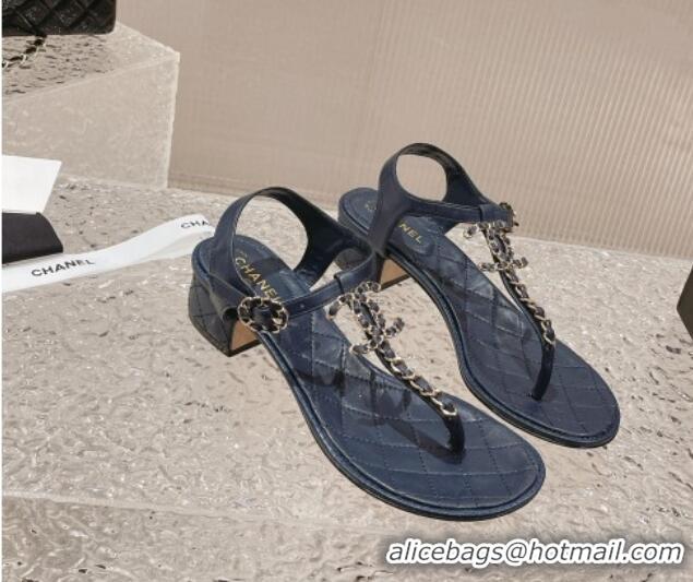 Best Grade Chanel Lambskin Heel Thong Sandals 5cm with Chain CC Dark Blue 525043