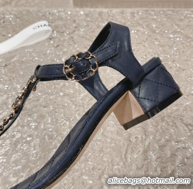 Best Grade Chanel Lambskin Heel Thong Sandals 5cm with Chain CC Dark Blue 525043