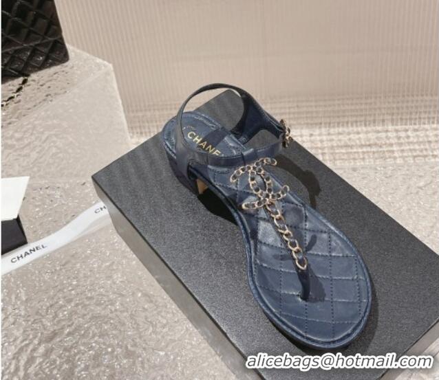 Best Grade Chanel Lambskin Heel Thong Sandals 5cm with Chain CC Dark Blue 525043