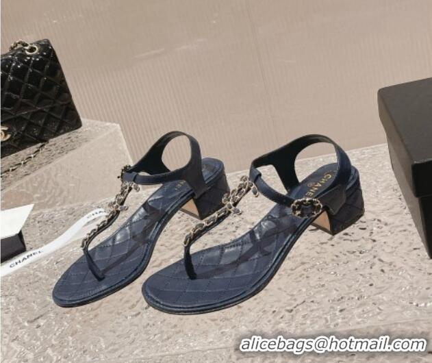 Best Grade Chanel Lambskin Heel Thong Sandals 5cm with Chain CC Dark Blue 525043