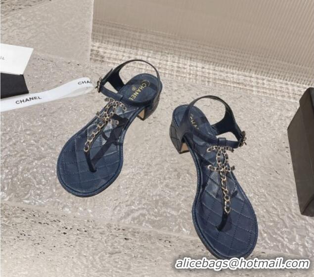 Best Grade Chanel Lambskin Heel Thong Sandals 5cm with Chain CC Dark Blue 525043