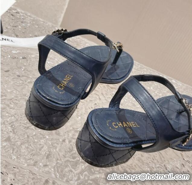 Best Grade Chanel Lambskin Heel Thong Sandals 5cm with Chain CC Dark Blue 525043