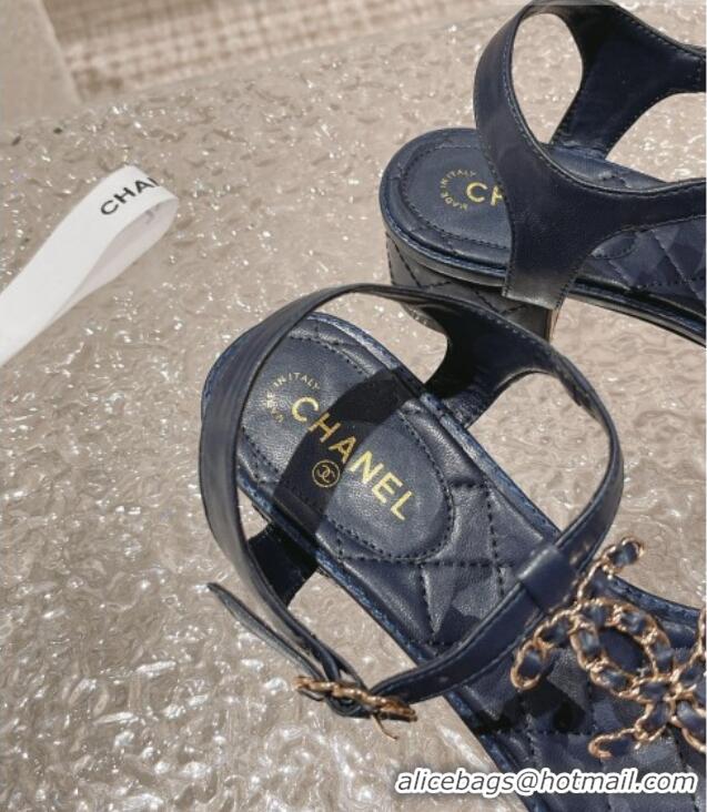 Best Grade Chanel Lambskin Heel Thong Sandals 5cm with Chain CC Dark Blue 525043