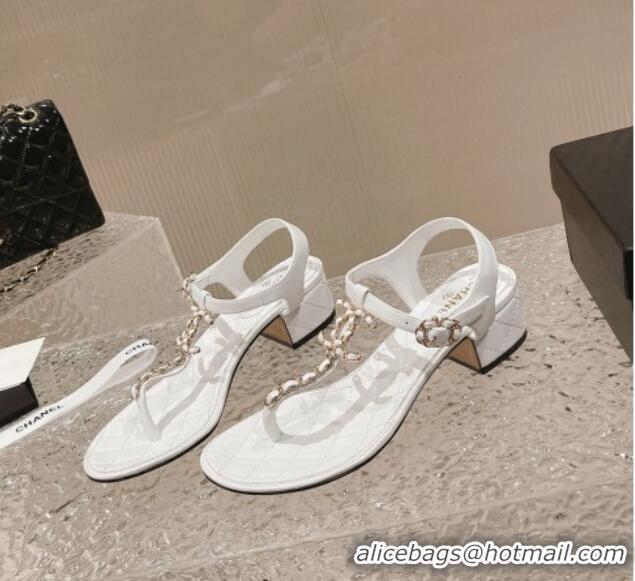 Pretty Style Chanel Lambskin Heel Thong Sandals 5cm with Chain CC White 525044