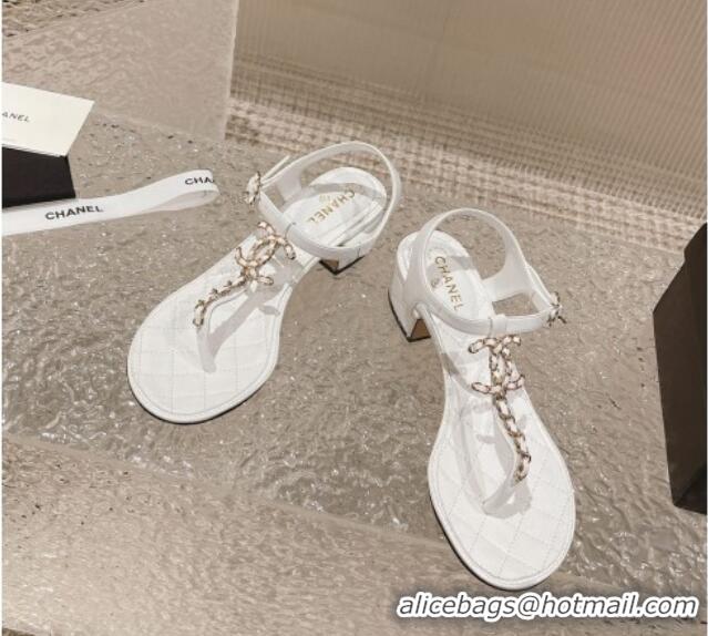 Pretty Style Chanel Lambskin Heel Thong Sandals 5cm with Chain CC White 525044