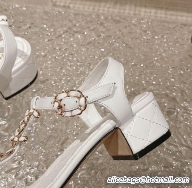 Pretty Style Chanel Lambskin Heel Thong Sandals 5cm with Chain CC White 525044