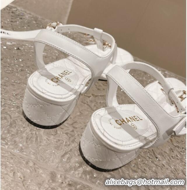 Pretty Style Chanel Lambskin Heel Thong Sandals 5cm with Chain CC White 525044