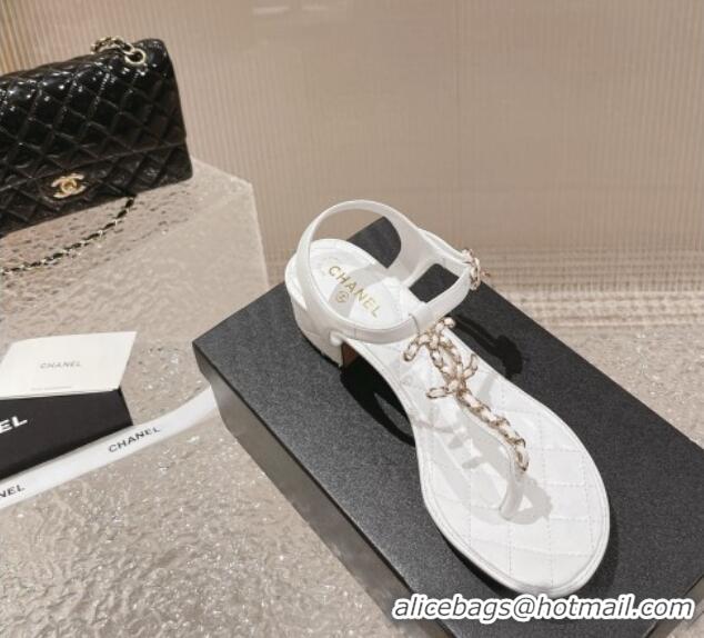 Pretty Style Chanel Lambskin Heel Thong Sandals 5cm with Chain CC White 525044