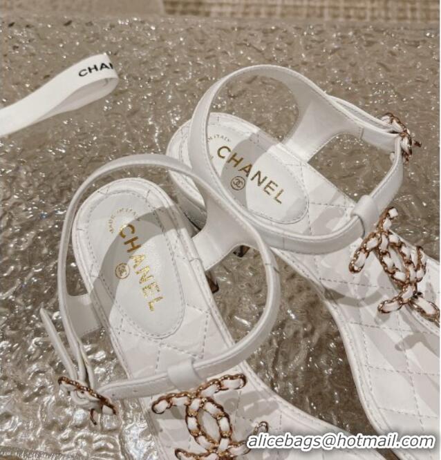 Pretty Style Chanel Lambskin Heel Thong Sandals 5cm with Chain CC White 525044