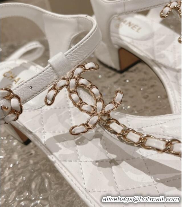 Pretty Style Chanel Lambskin Heel Thong Sandals 5cm with Chain CC White 525044