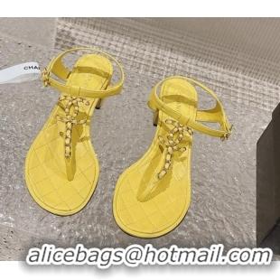 Low Price Chanel Lambskin Heel Thong Sandals 5cm with Chain CC Yellow 525045