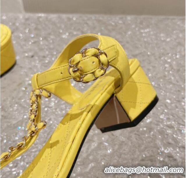 Low Price Chanel Lambskin Heel Thong Sandals 5cm with Chain CC Yellow 525045