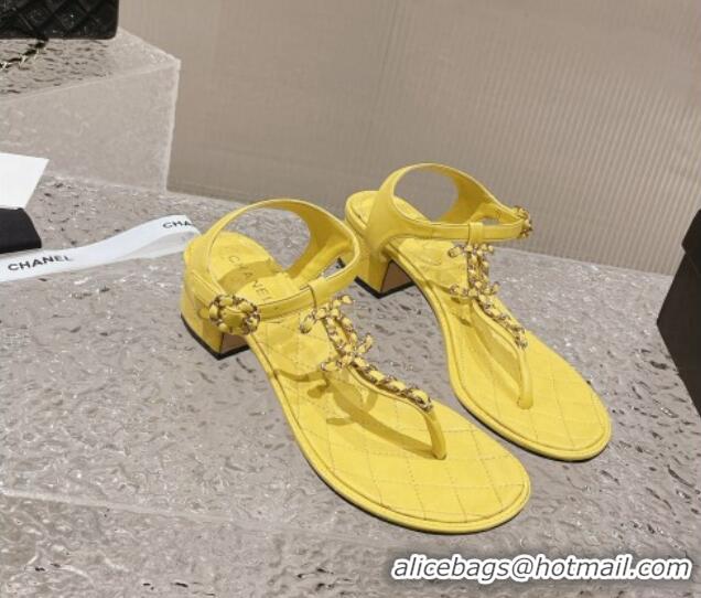 Low Price Chanel Lambskin Heel Thong Sandals 5cm with Chain CC Yellow 525045