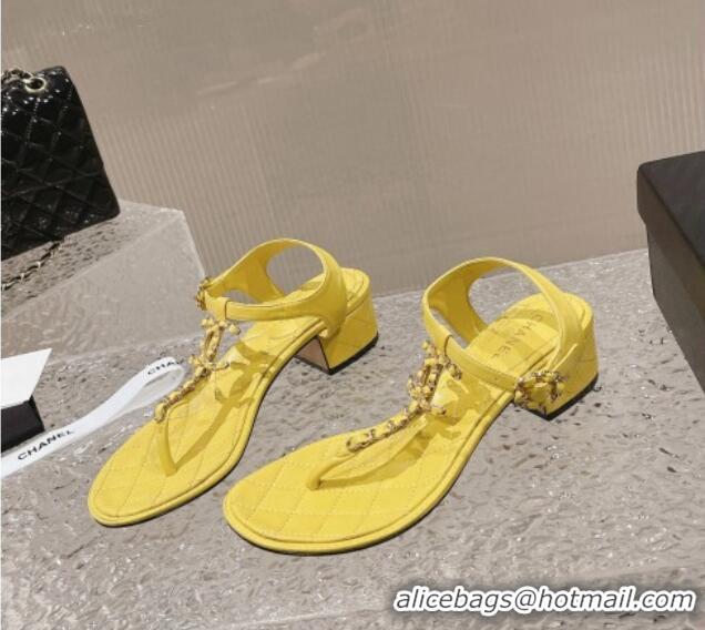 Low Price Chanel Lambskin Heel Thong Sandals 5cm with Chain CC Yellow 525045