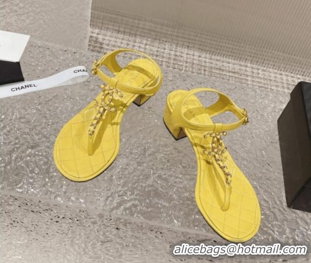 Low Price Chanel Lambskin Heel Thong Sandals 5cm with Chain CC Yellow 525045