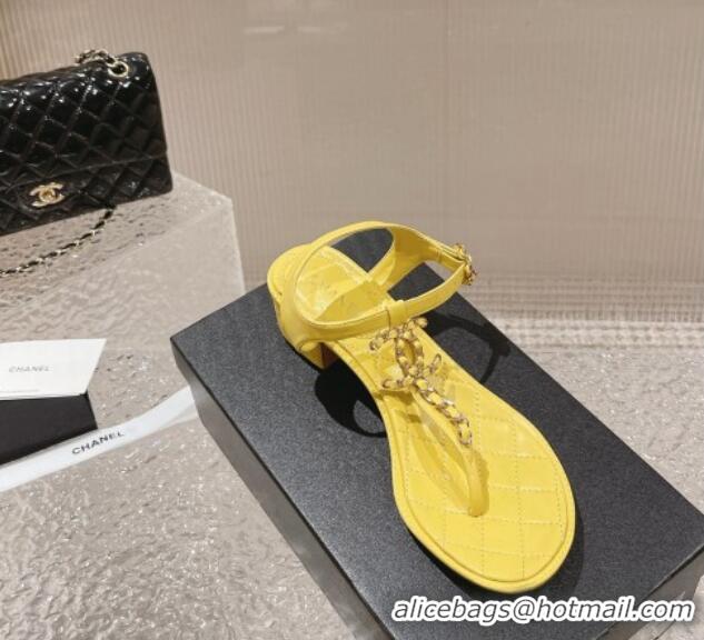 Low Price Chanel Lambskin Heel Thong Sandals 5cm with Chain CC Yellow 525045