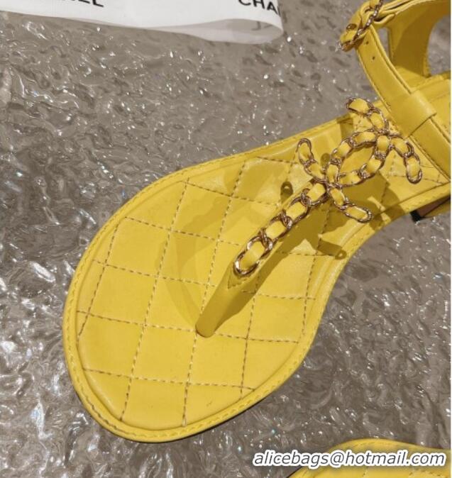 Low Price Chanel Lambskin Heel Thong Sandals 5cm with Chain CC Yellow 525045