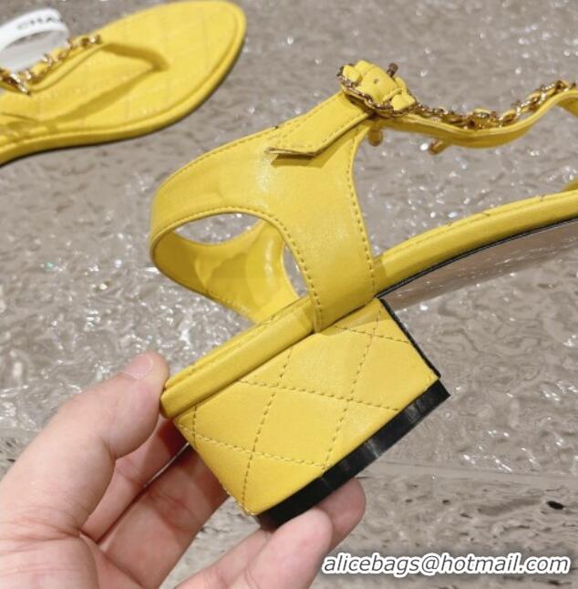 Low Price Chanel Lambskin Heel Thong Sandals 5cm with Chain CC Yellow 525045