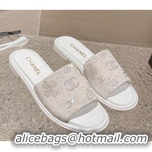 Popular Style Chanel Suede Flat Slide Sandals with Crystal Logo White 525046