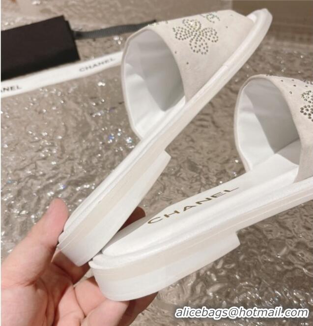 Popular Style Chanel Suede Flat Slide Sandals with Crystal Logo White 525046