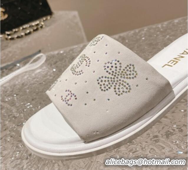 Popular Style Chanel Suede Flat Slide Sandals with Crystal Logo White 525046