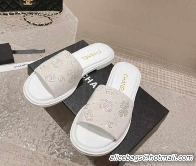 Popular Style Chanel Suede Flat Slide Sandals with Crystal Logo White 525046