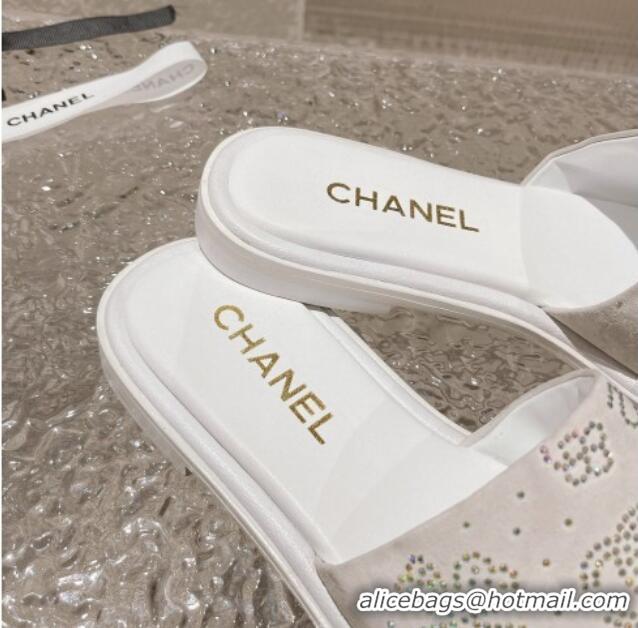 Popular Style Chanel Suede Flat Slide Sandals with Crystal Logo White 525046