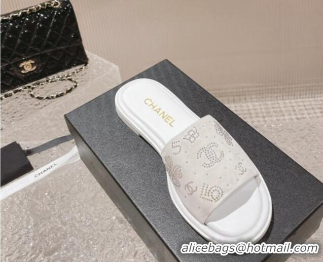 Popular Style Chanel Suede Flat Slide Sandals with Crystal Logo White 525046