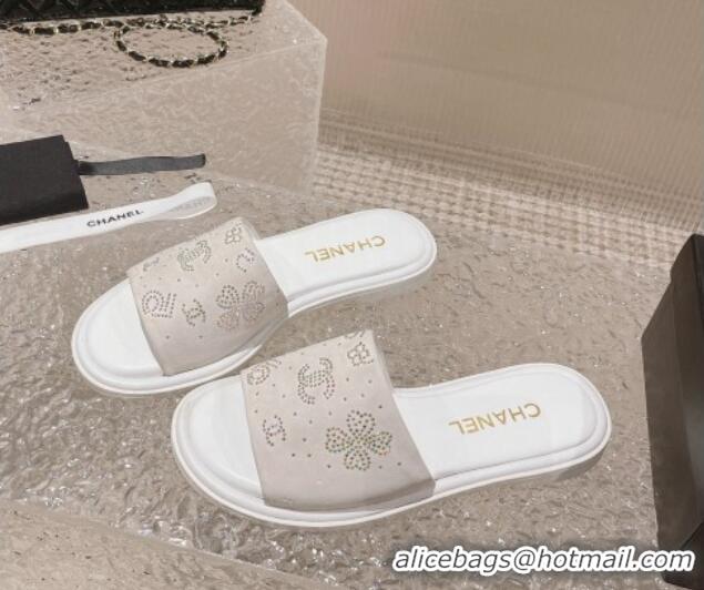 Popular Style Chanel Suede Flat Slide Sandals with Crystal Logo White 525046