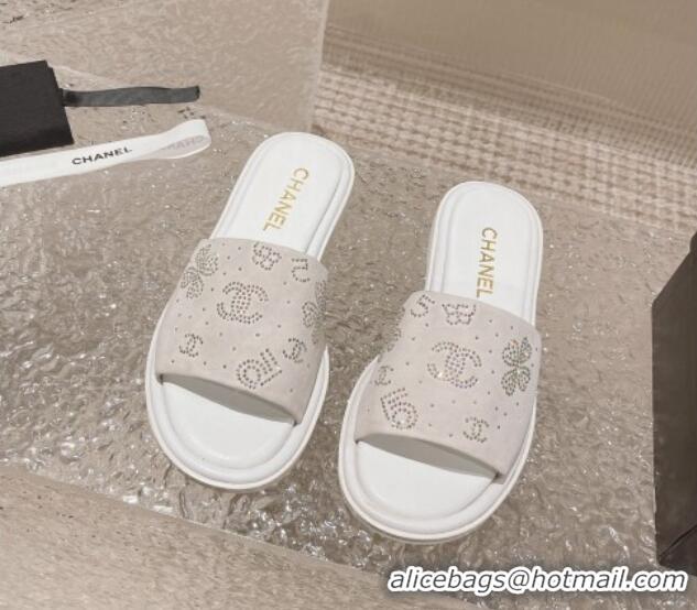 Popular Style Chanel Suede Flat Slide Sandals with Crystal Logo White 525046