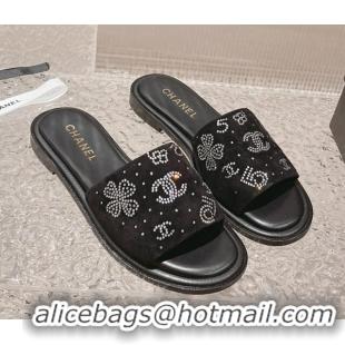 Best Grade Chanel Suede Flat Slide Sandals with Crystal Logo Black 525047