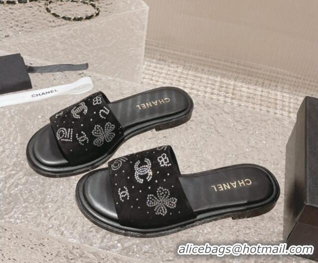 Best Grade Chanel Suede Flat Slide Sandals with Crystal Logo Black 525047