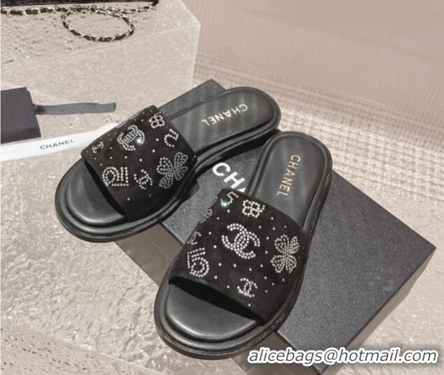 Best Grade Chanel Suede Flat Slide Sandals with Crystal Logo Black 525047