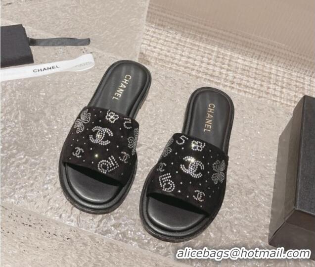 Best Grade Chanel Suede Flat Slide Sandals with Crystal Logo Black 525047