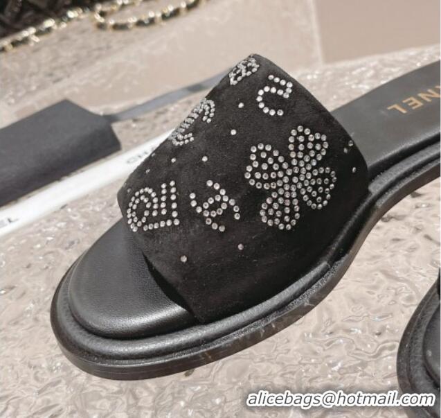 Best Grade Chanel Suede Flat Slide Sandals with Crystal Logo Black 525047