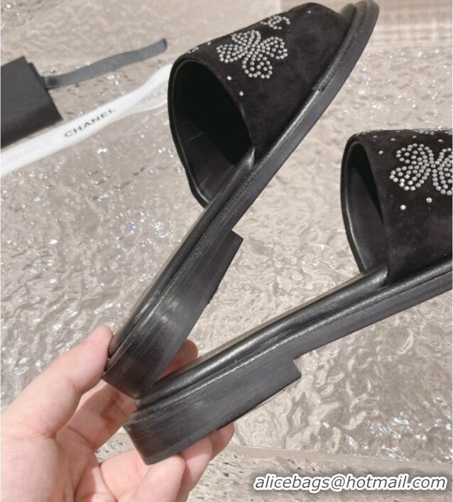 Best Grade Chanel Suede Flat Slide Sandals with Crystal Logo Black 525047