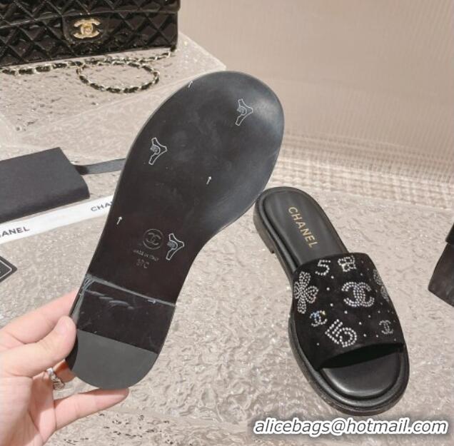 Best Grade Chanel Suede Flat Slide Sandals with Crystal Logo Black 525047