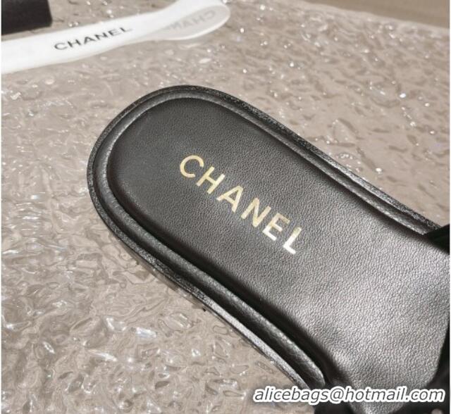 Best Grade Chanel Suede Flat Slide Sandals with Crystal Logo Black 525047