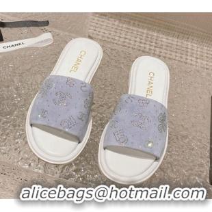 Luxury Discount Chanel Suede Flat Slide Sandals with Crystal Logo Light Purple 525048