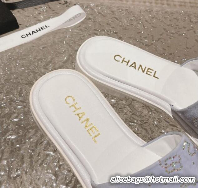 Luxury Discount Chanel Suede Flat Slide Sandals with Crystal Logo Light Purple 525048